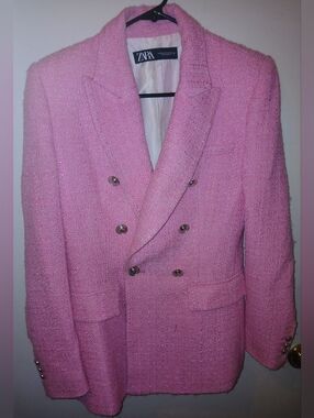 ZARA Dark Pink Double-Breasted Tweed Blazer with Metallic Buttons